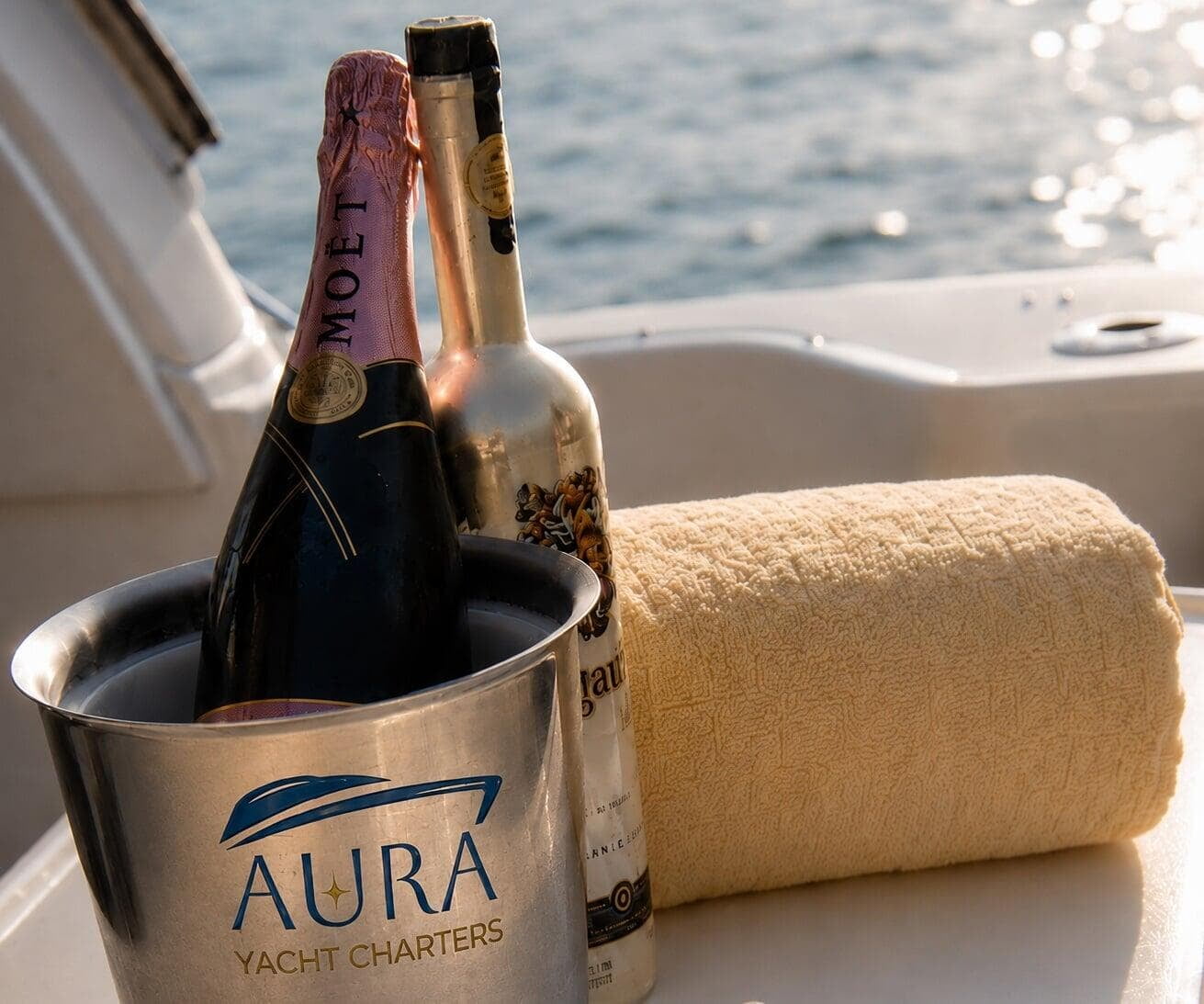 Moet champagne and a white wine on a bucket with the aura logo